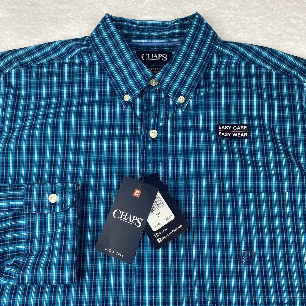 CHAPS Shirt Mens Large Tall Blue Plaid Easy Care Stretch NWT!
